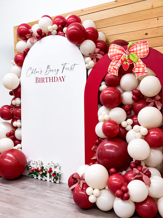 A BERRY SWEET FIRST BIRTHDAY: STRAWBERRY BALLOON DECOR AT LITTLE ELEPHANTS PLAY SPACE